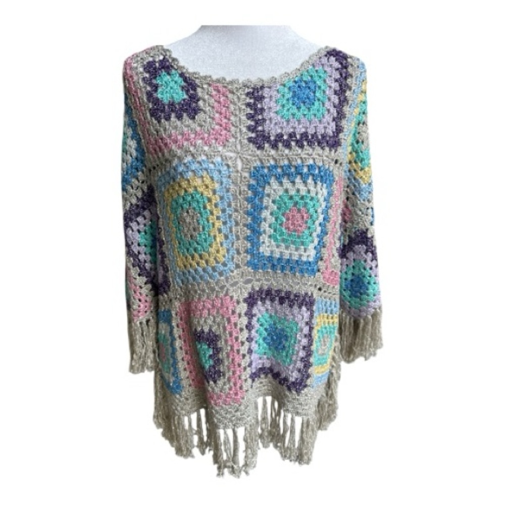 Boston Proper Lurex Slouchy Granny Square Crochet‎ Poncho Size XS/S - Picture 3 of 11